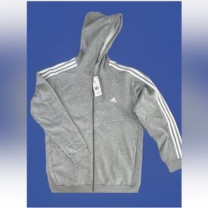 Adidas Men’s Essentials 3-Stripes Full-Zip Hoodie Fleece Lined Grey Heather XLT